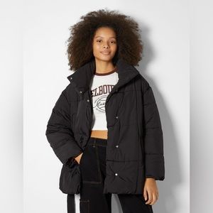 Bershka - Quilted Nylon Belted Coat in Black